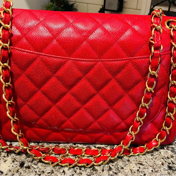 CHANEL JUMBO DOUBLE FLAP RED quilted caviar leather handbag - Picture 4 of 17